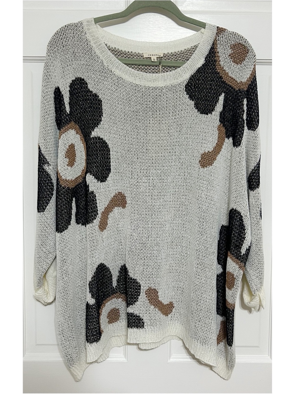 JODIFL Cream Floral Knit Scoop Neck Sweater with Black & Brown Blooms